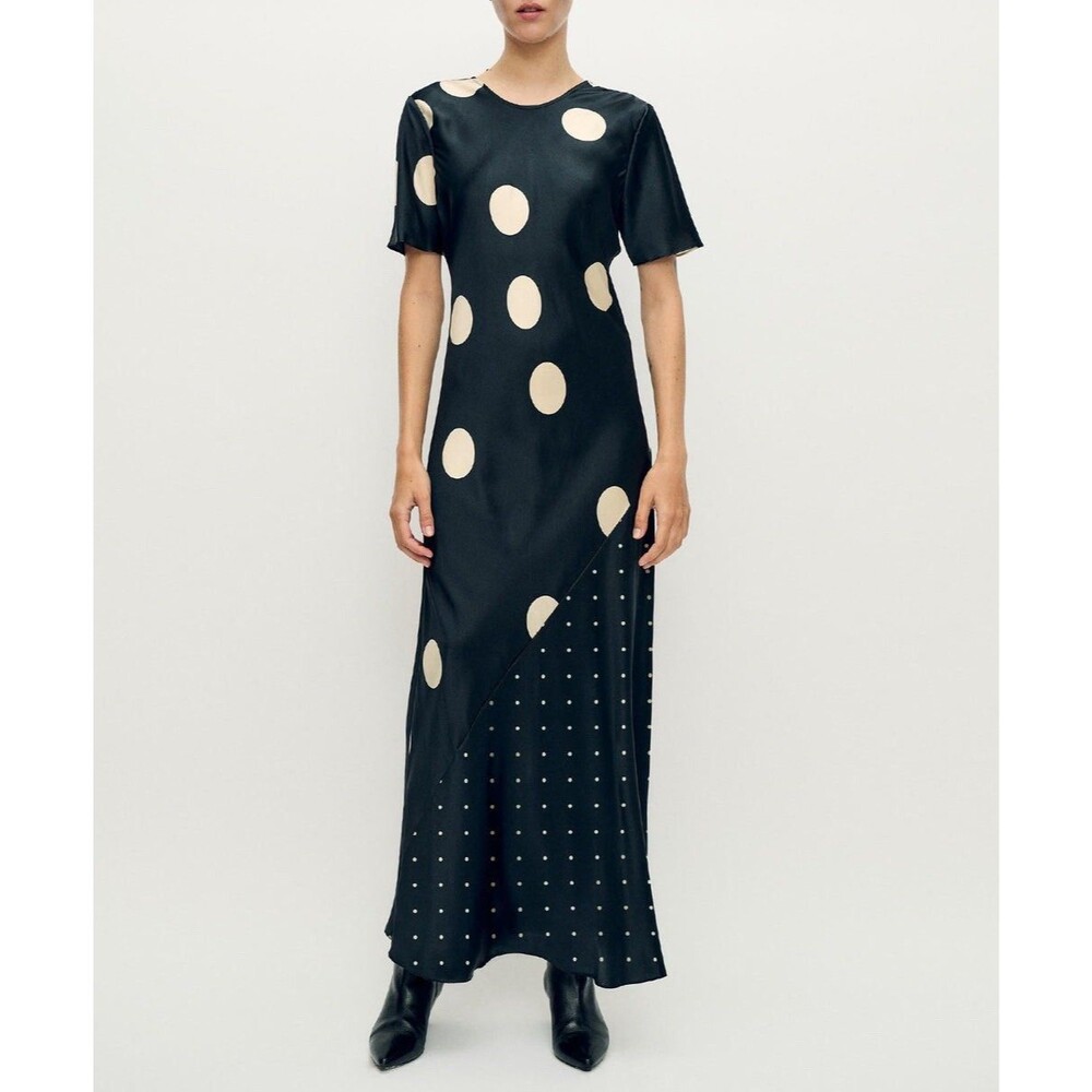 Silk Laundry Short Sleeve Bias Dress Polka Mix Black 100% Silk Size Small S